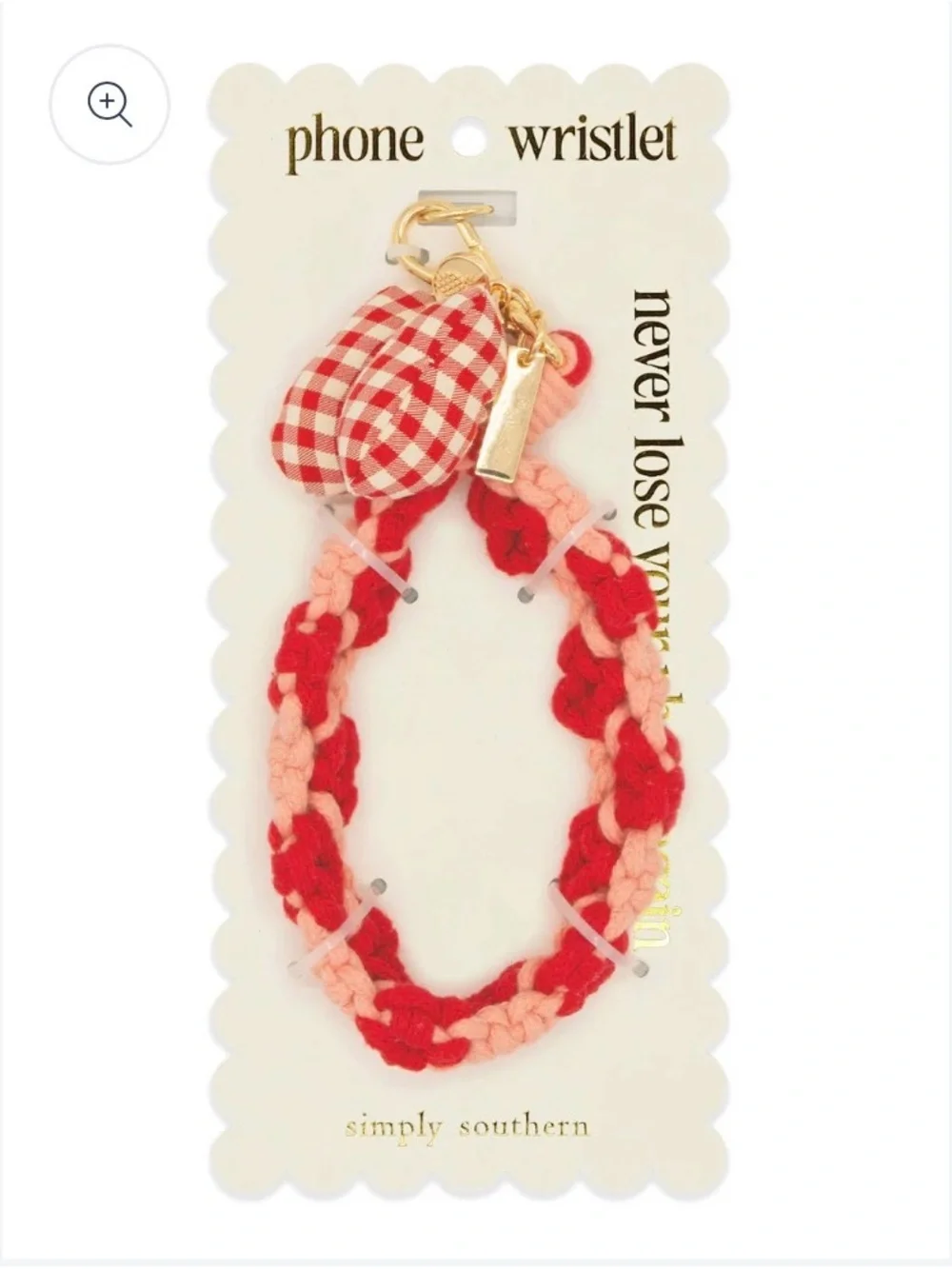 Simply Southern Red and Light Pink Braided Phone Wristlet with Gingham Charm